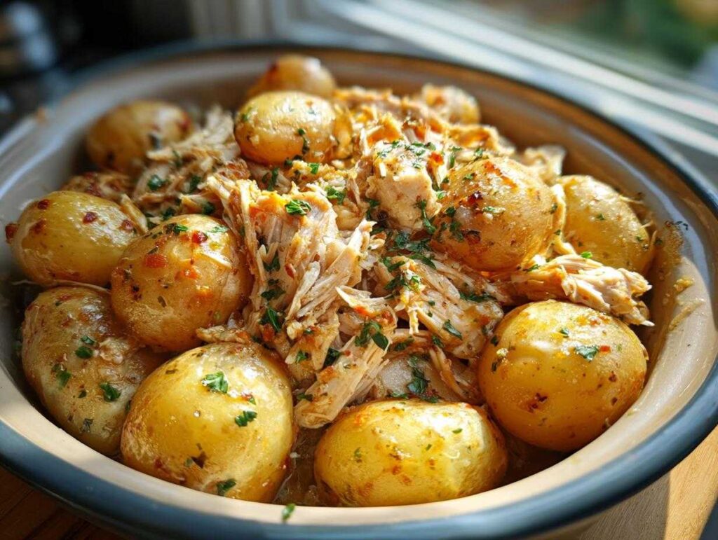 Close-up of tender shredded garlic parmesan crockpot chicken and potatoes in a dish, garnished with parsley.