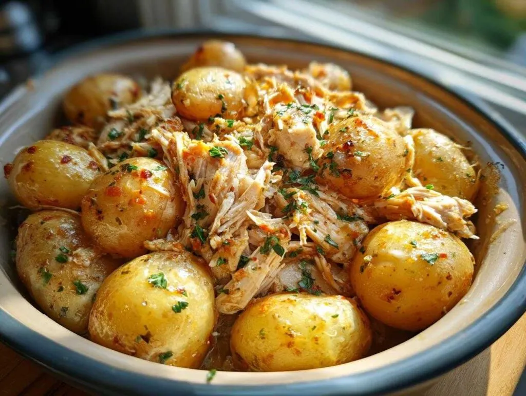 Close-up of tender shredded garlic parmesan crockpot chicken and potatoes in a dish, garnished with parsley.