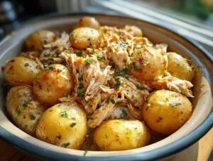 Close-up of tender shredded garlic parmesan crockpot chicken and potatoes in a dish, garnished with parsley.