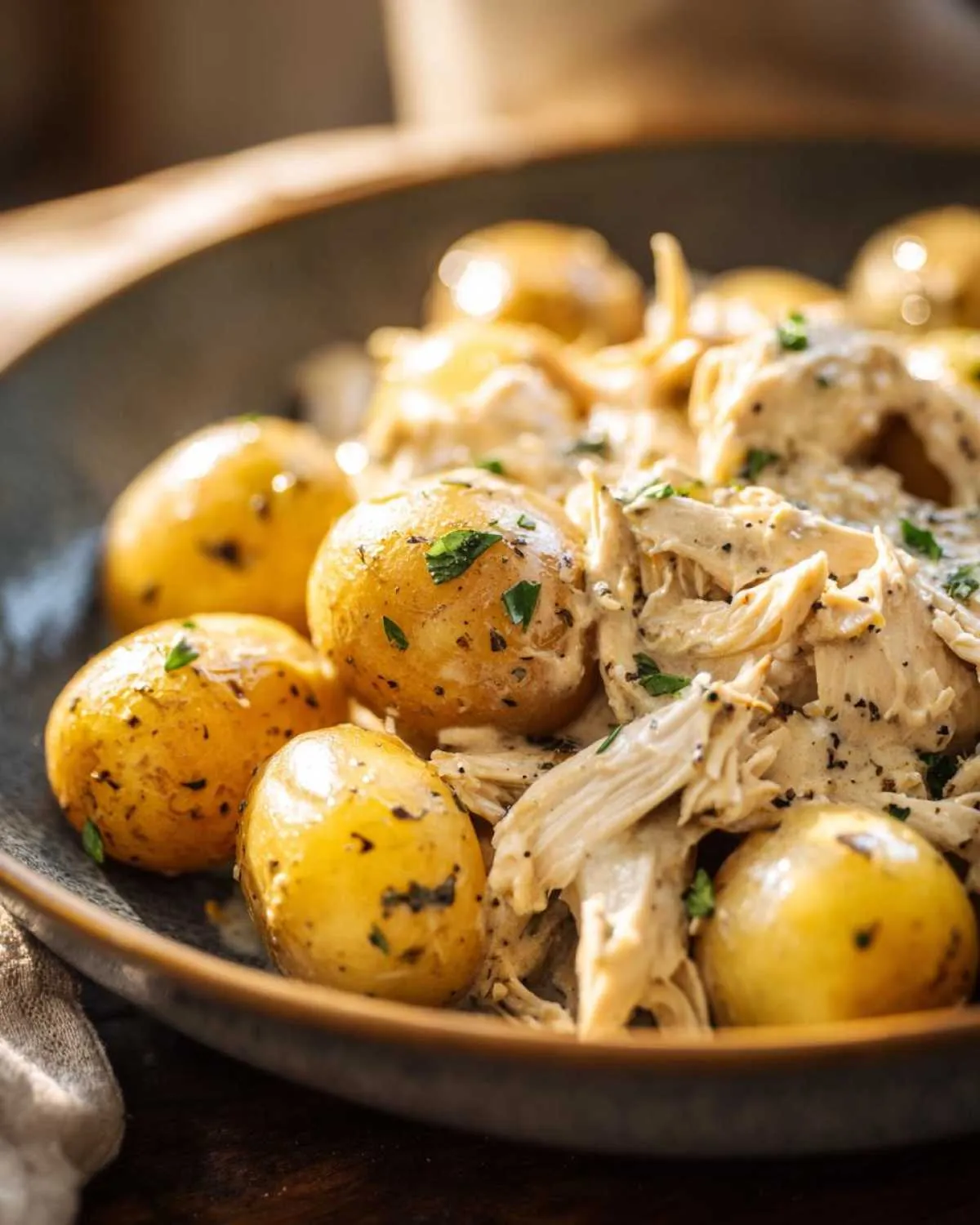 A close-up of tender shredded garlic parmesan crockpot chicken and potatoes, garnished with fresh parsley.