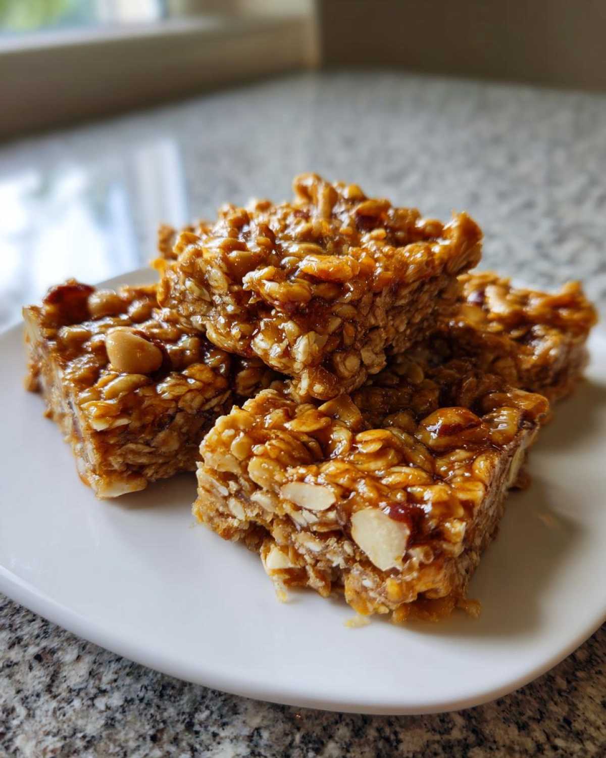 A stack of homemade granola clusters made with oats, nuts, and a sticky sweet binder.