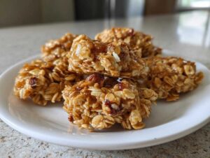 A pile of golden brown, chewy granola clusters made with oats, nuts, and a sticky sweetener.