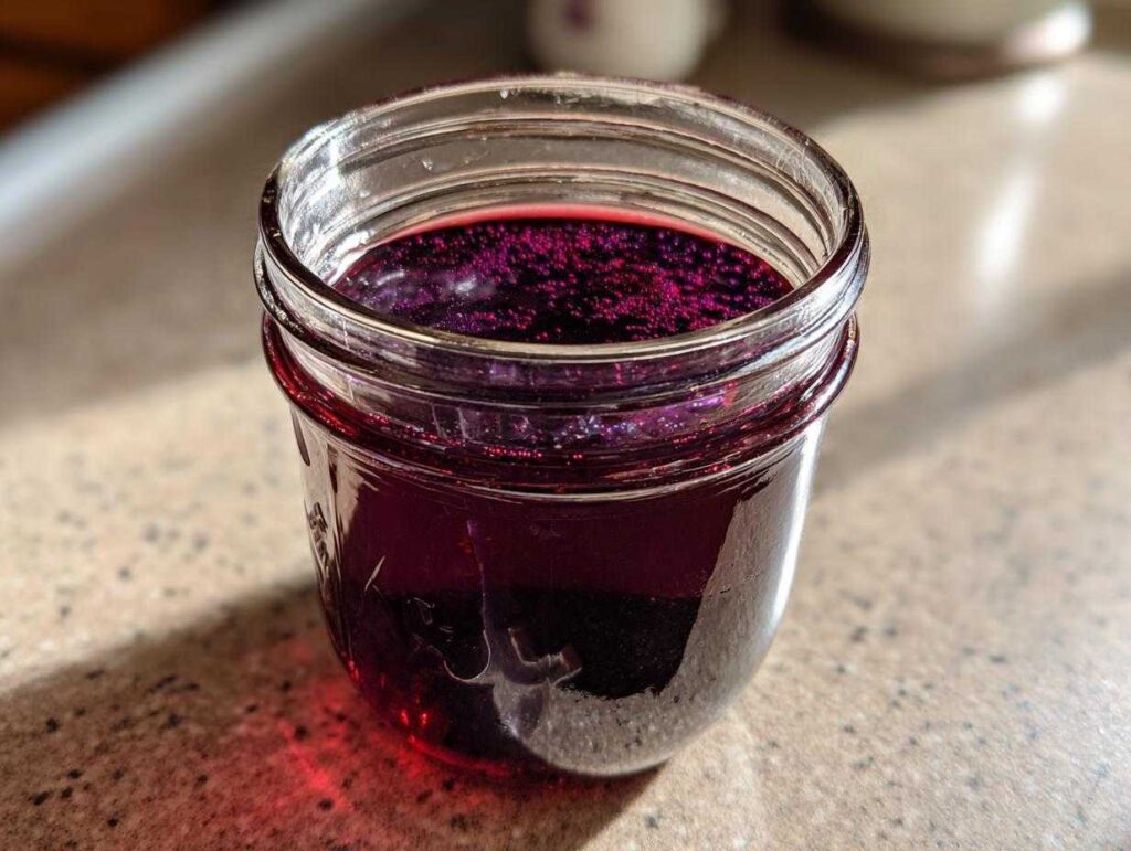A close-up of a glass jar filled with vibrant purple grape jelly, showing small bubbles on the surface.