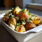 Close-up of crispy Greek feta roast potatoes garnished with fresh parsley in a white dish.