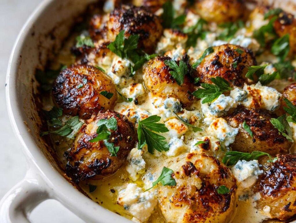 Close-up of crispy Greek feta roast potatoes baked in a dish with crumbled feta cheese and fresh parsley.