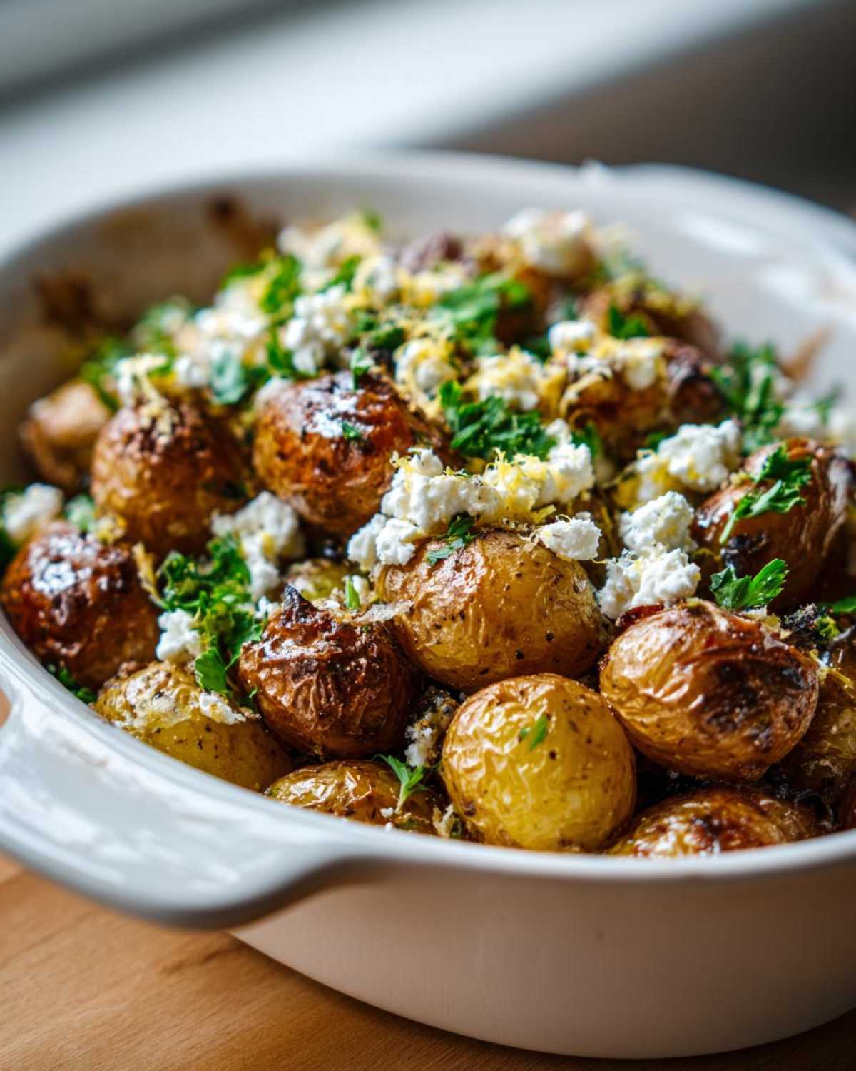 Close-up of crispy Greek feta roast potatoes in a white baking dish, topped with crumbled feta and fresh parsley.