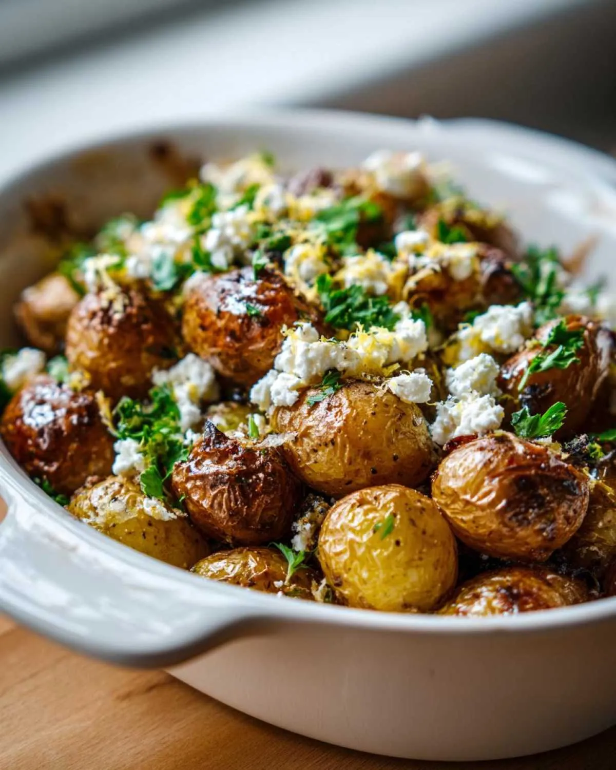 Close-up of crispy Greek feta roast potatoes in a white baking dish, topped with crumbled feta and fresh parsley.