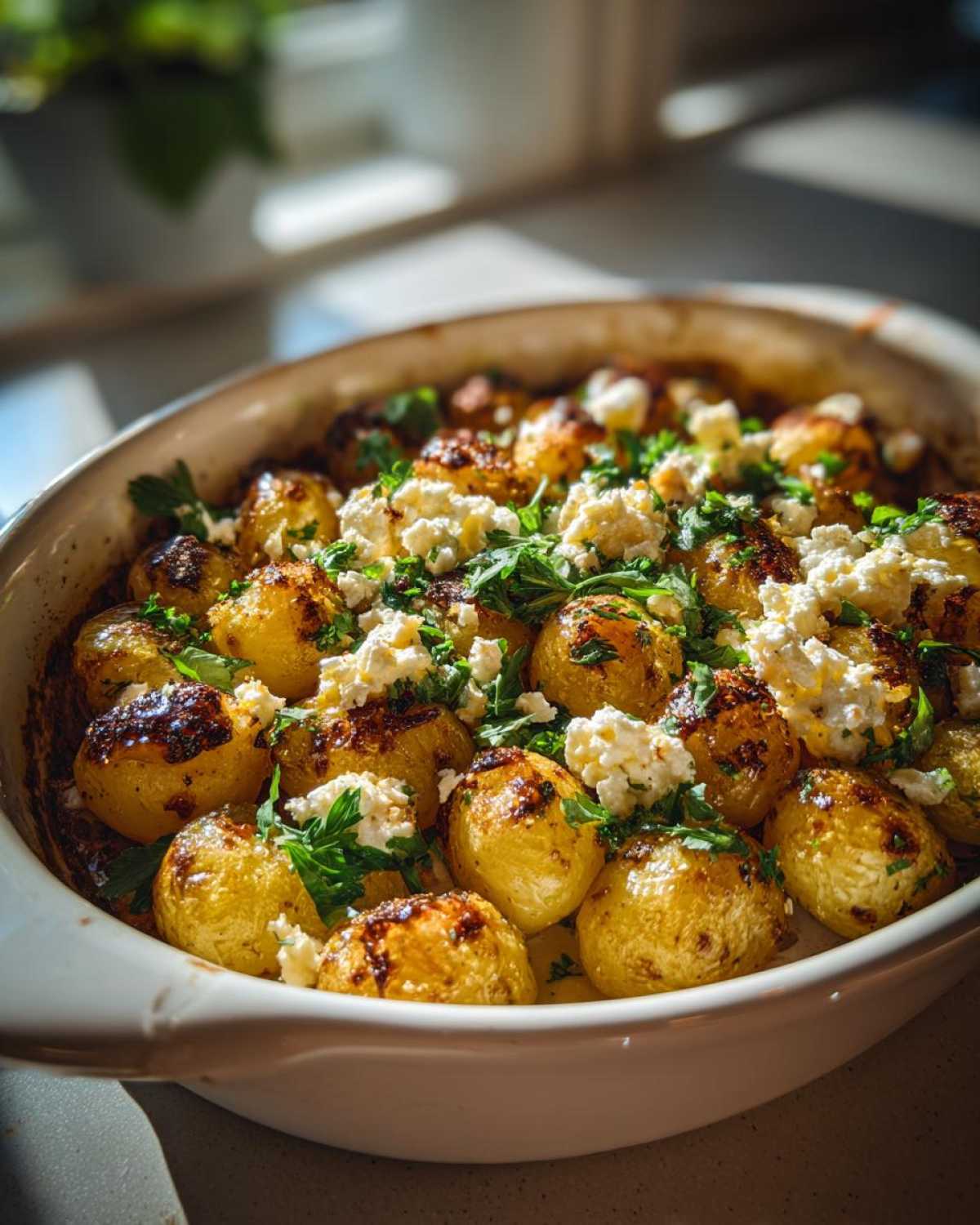Close-up of crispy Greek feta roast potatoes in a white baking dish, garnished with fresh parsley.