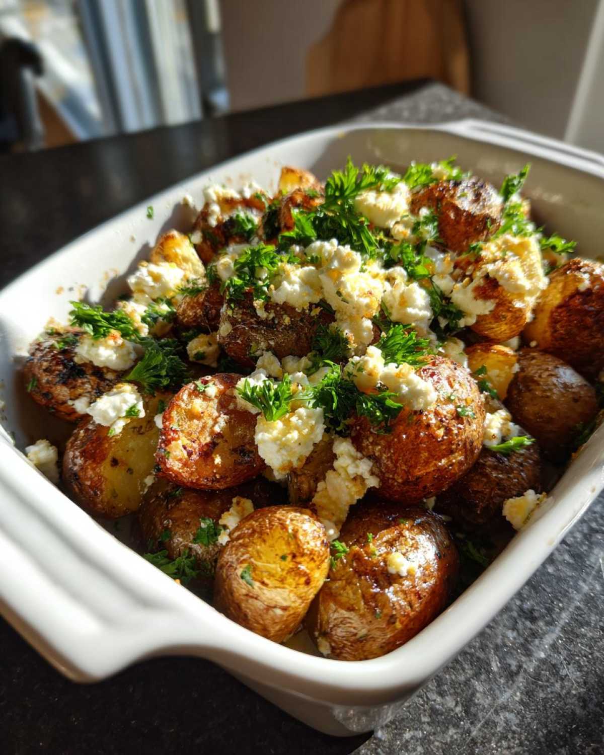 Close-up of golden brown, crispy Greek feta roast potatoes topped with crumbled feta cheese and fresh parsley in a white baking dish.