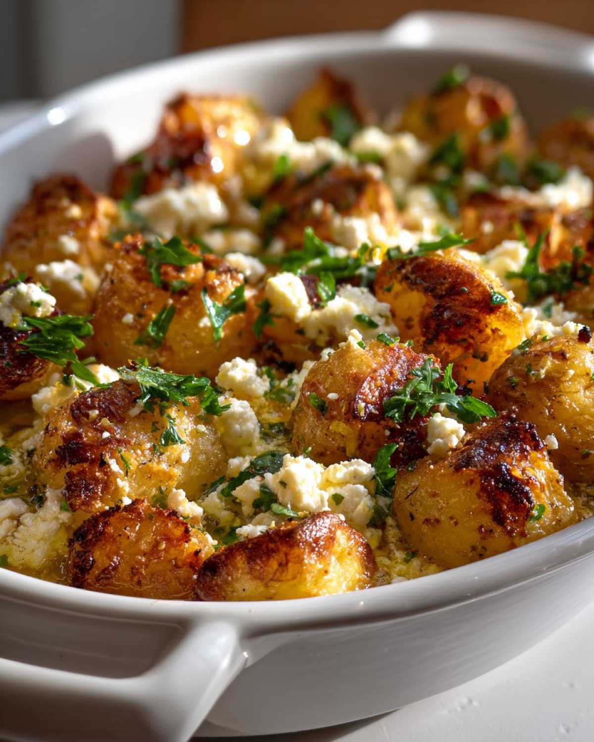 Close-up of crispy Greek feta roast potatoes in a white baking dish, topped with crumbled feta and fresh parsley.