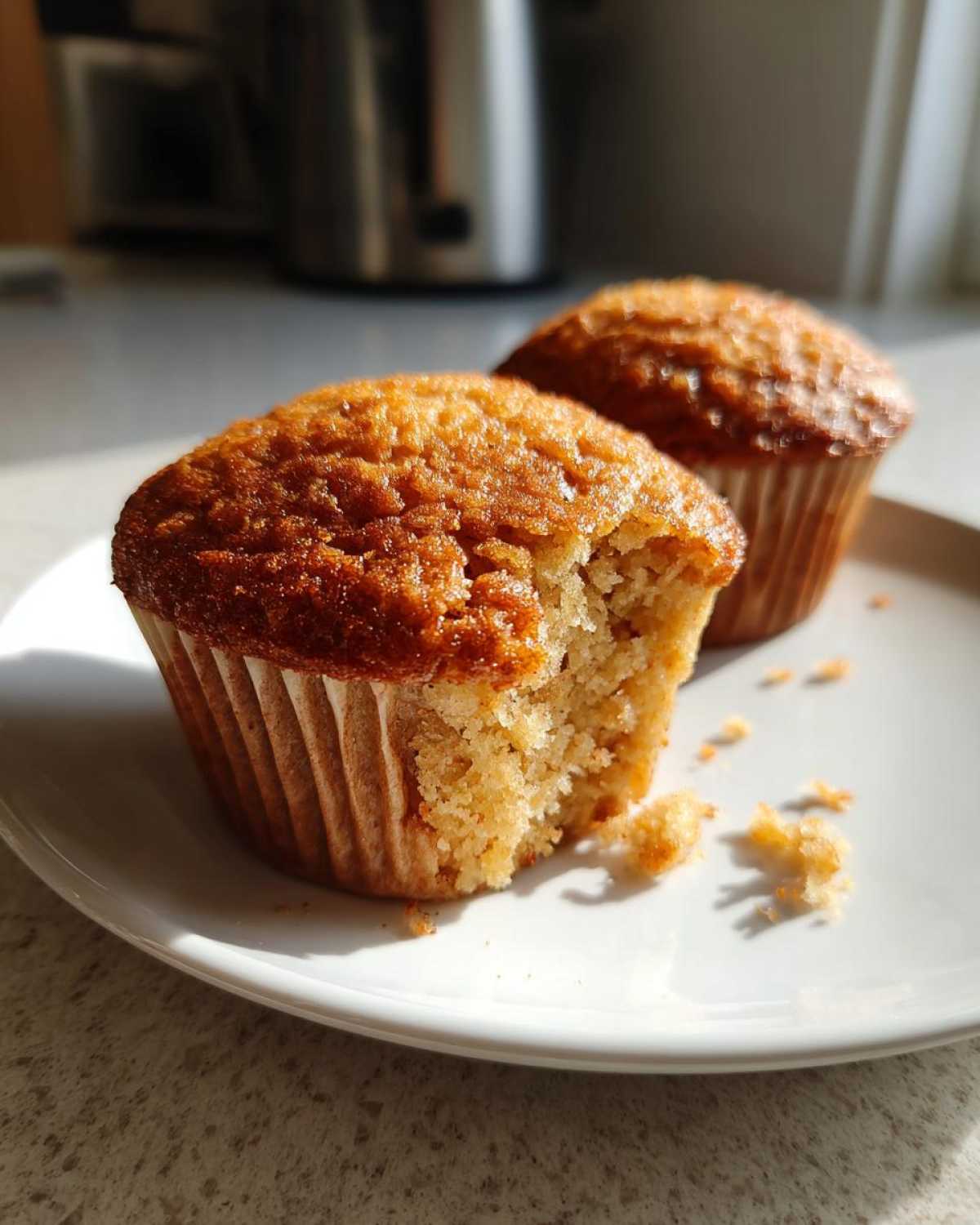 Close-up of a bite taken out of a moist Greek yogurt pumpkin muffin on a white plate.