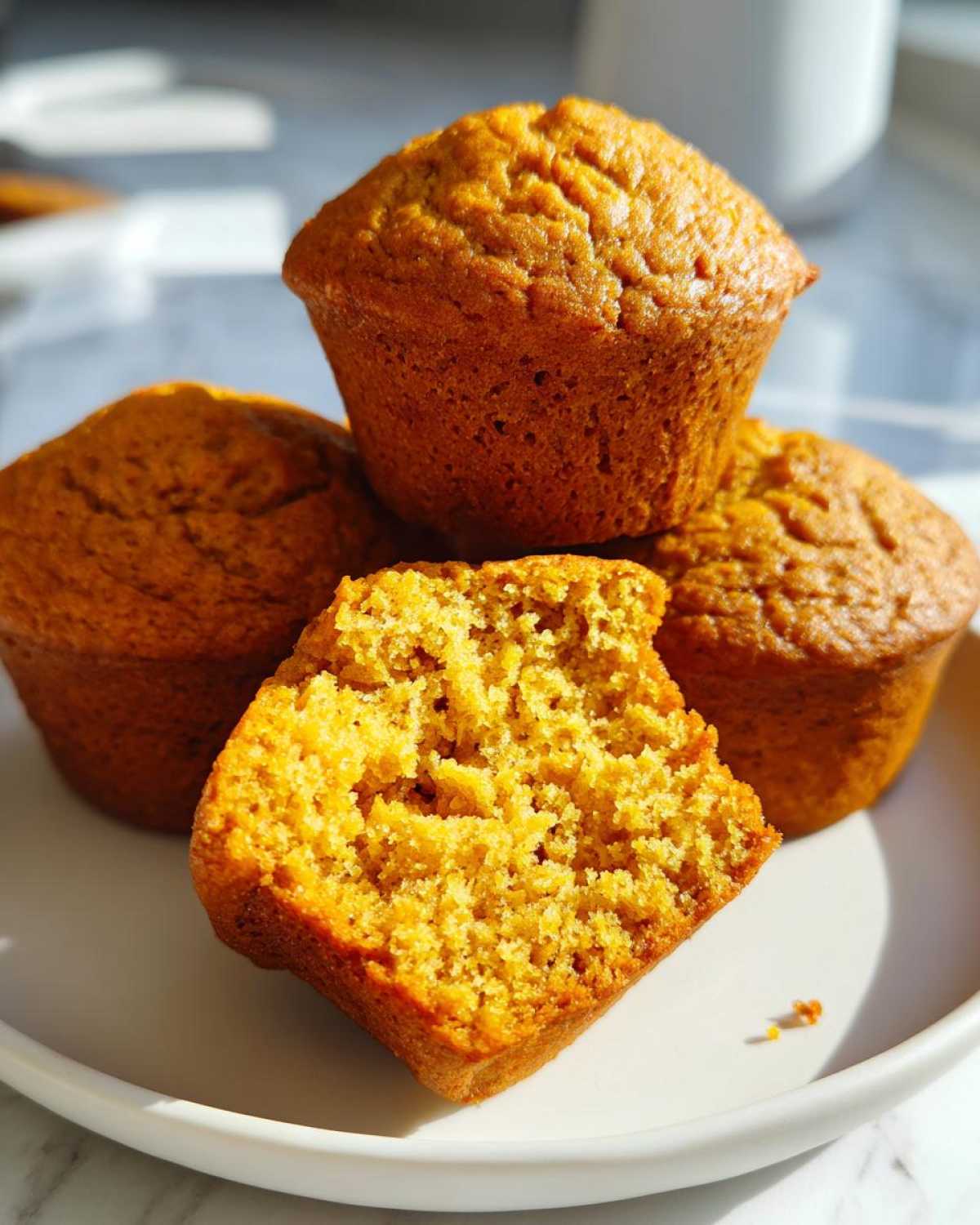 Close-up of a stack of moist Greek yogurt pumpkin muffins, with one muffin broken in half to show its texture.