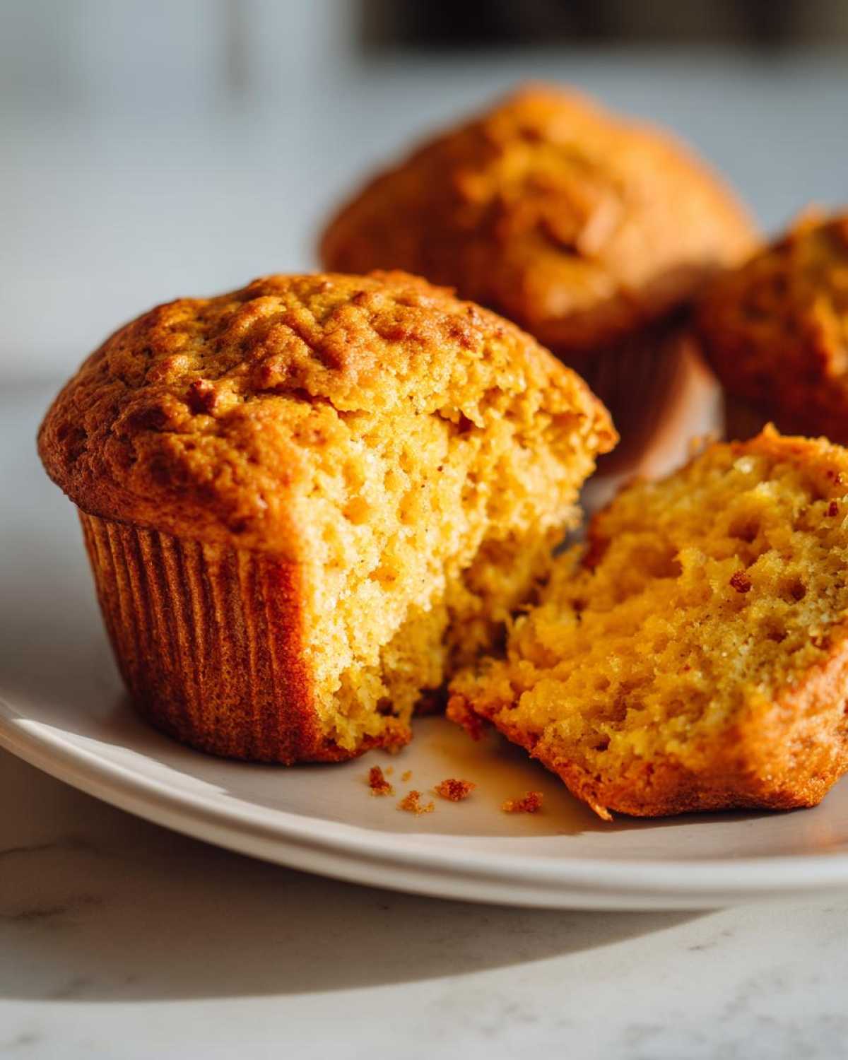 Close-up of a broken Greek yogurt pumpkin muffin on a white plate, showing its moist texture.