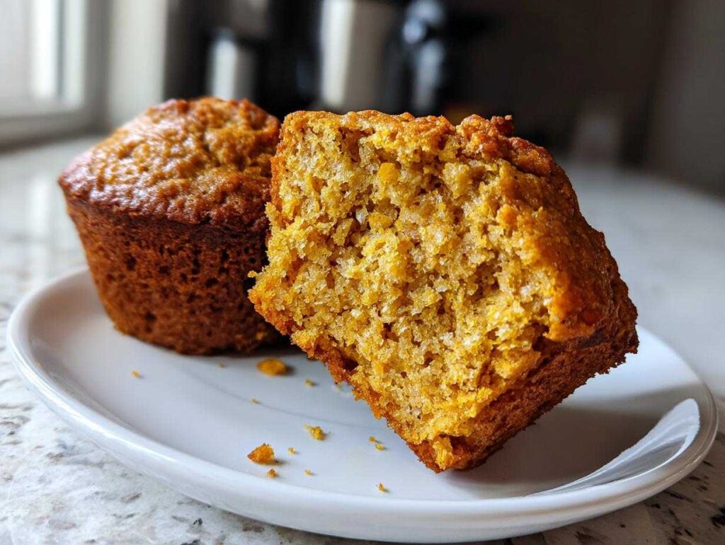 Close-up of two moist Greek yogurt pumpkin muffins on a white plate, one split open.