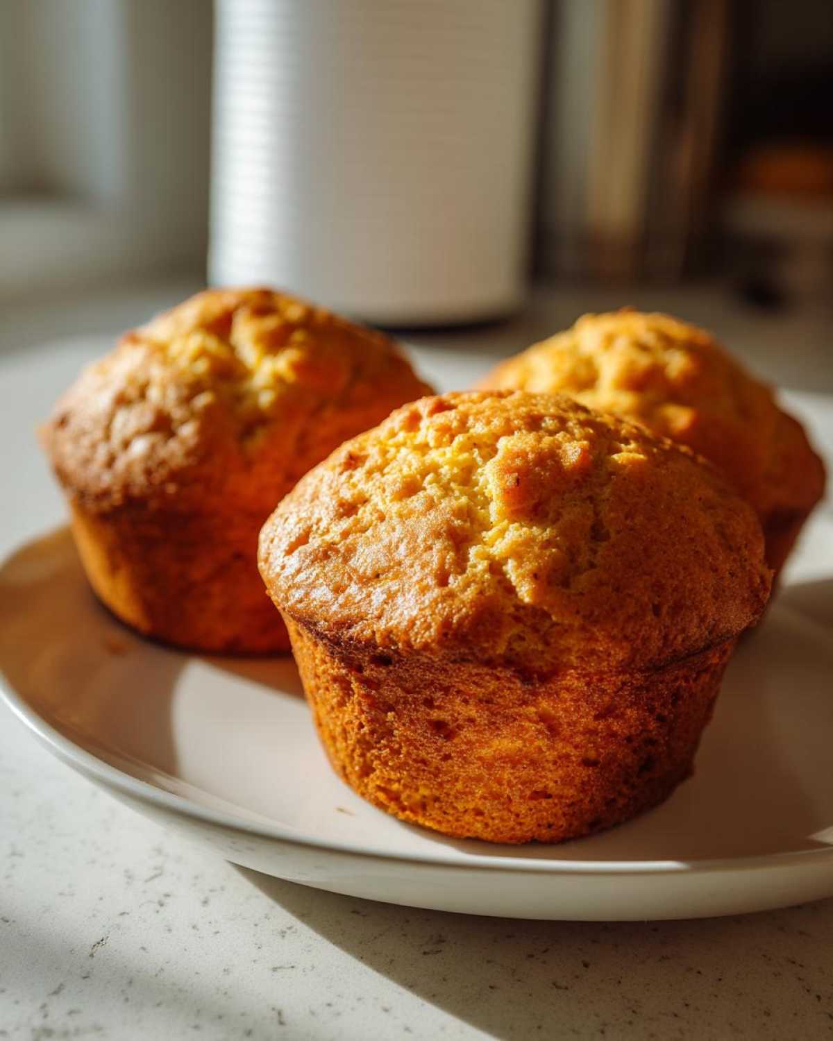 Three golden brown Greek yogurt pumpkin muffins on a white plate.