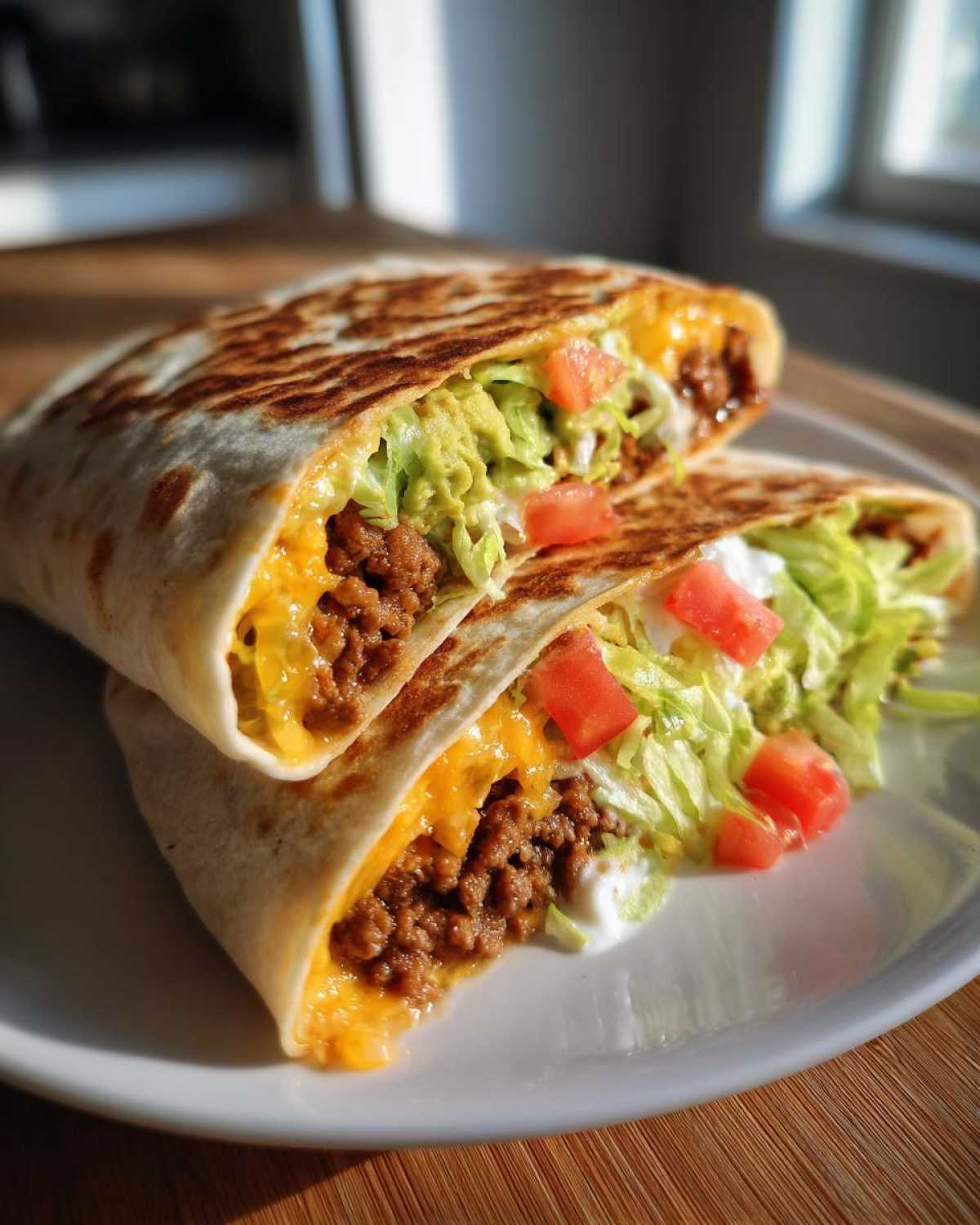 A close-up of two halves of ground beef tortilla wraps filled with seasoned ground beef, melted cheese, lettuce, tomatoes, and sour cream.