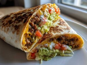 A close-up of a delicious ground beef tortilla wrap, cut in half, showing seasoned ground beef, melted cheese, lettuce, tomatoes, and sour cream.
