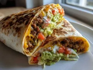 A close-up of a delicious ground beef tortilla wrap, cut in half, showing seasoned ground beef, melted cheese, lettuce, tomatoes, and sour cream.