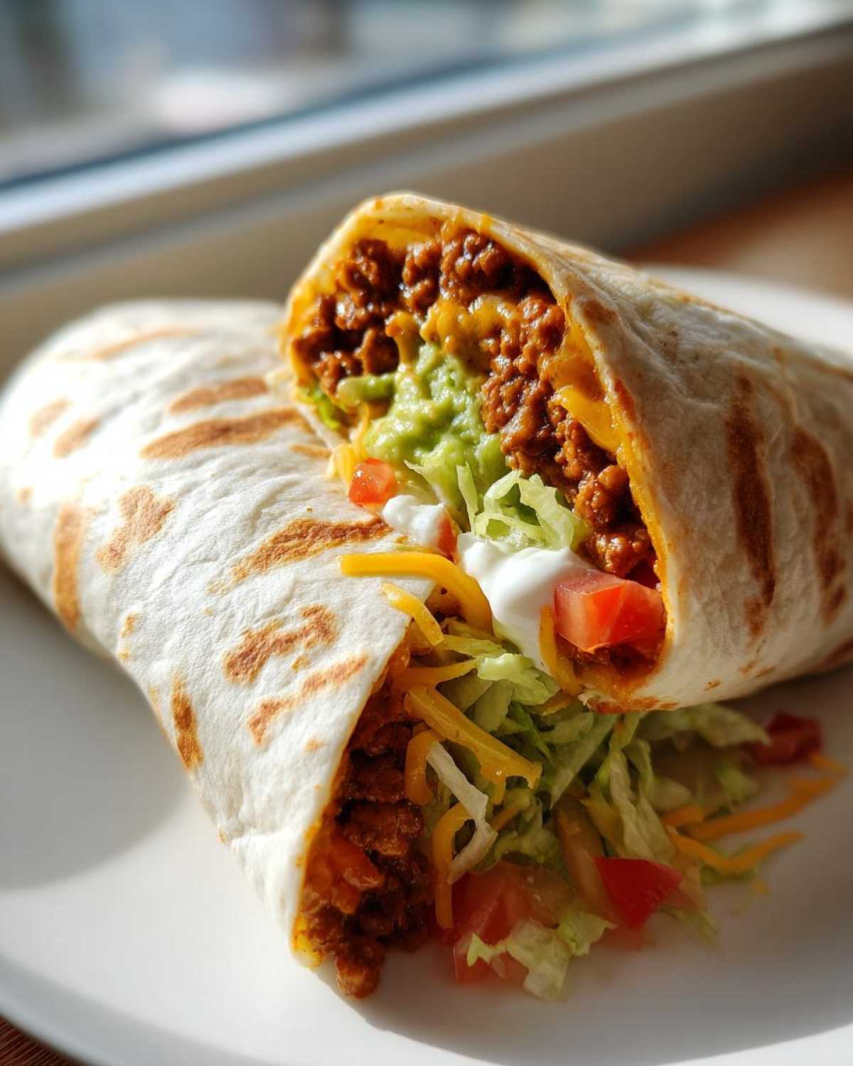 A close-up of a ground beef tortilla wrap, cut in half, revealing seasoned ground beef, cheese, lettuce, tomatoes, guacamole, and sour cream.