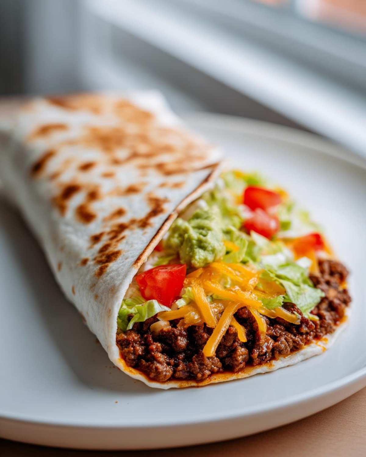 A close-up of a ground beef tortilla wrap filled with seasoned ground beef, shredded lettuce, diced tomatoes, guacamole, and shredded cheese.