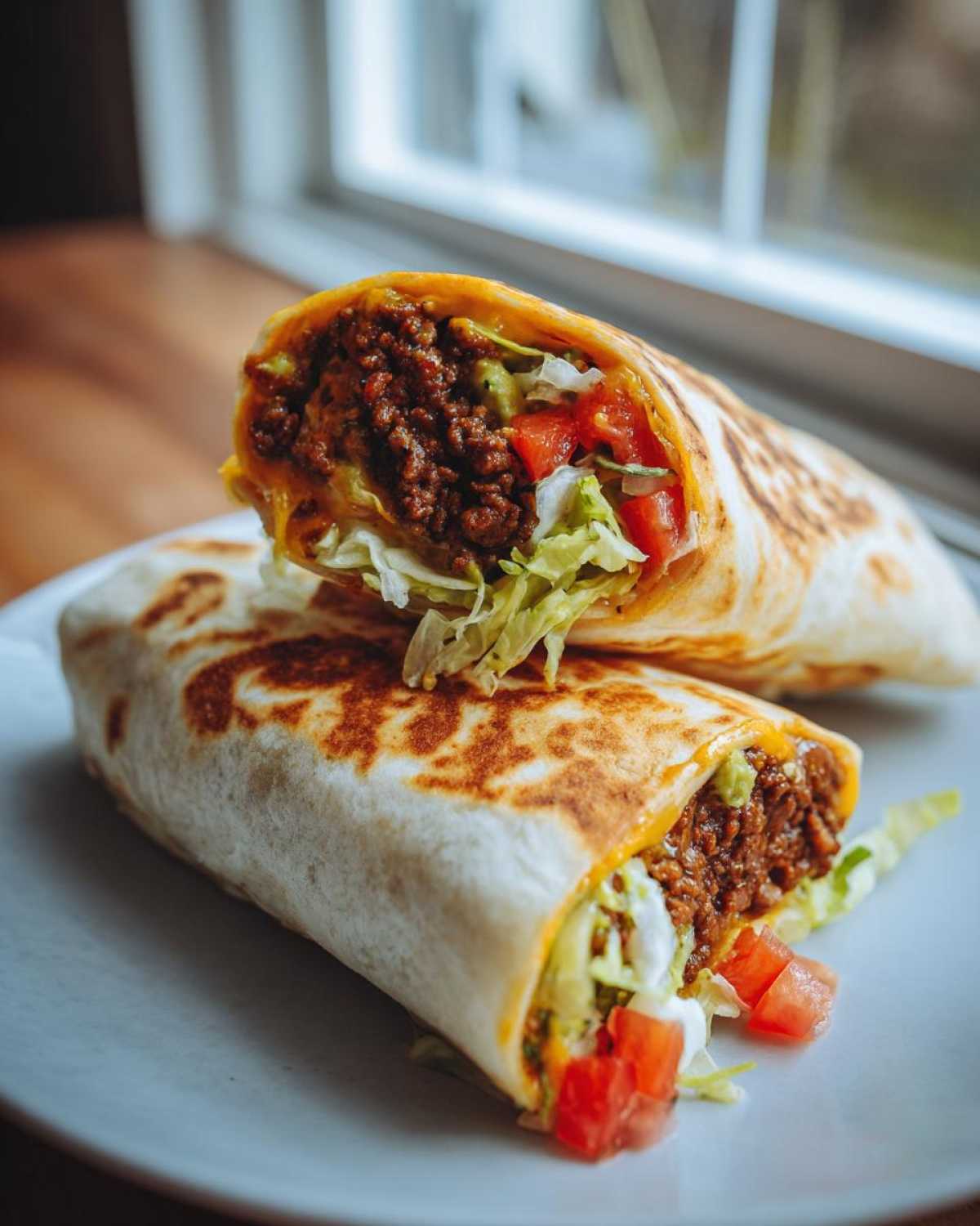 A close-up of two halves of a ground beef tortilla wrap filled with seasoned ground beef, cheese, lettuce, and tomatoes.
