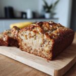 A loaf of Hawaiian banana bread, sliced, with visible chunks of banana and a sprinkle of coconut on top.