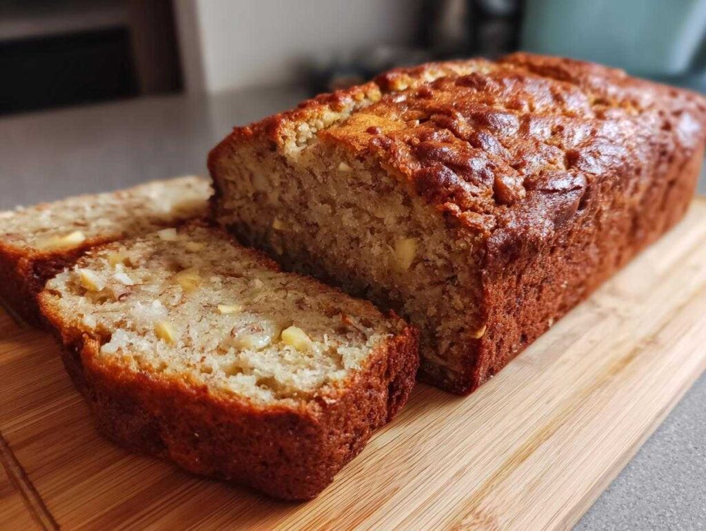 A close-up of a sliced loaf of Hawaiian banana bread on a wooden cutting board.
