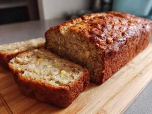 A close-up of a sliced loaf of Hawaiian banana bread on a wooden cutting board.