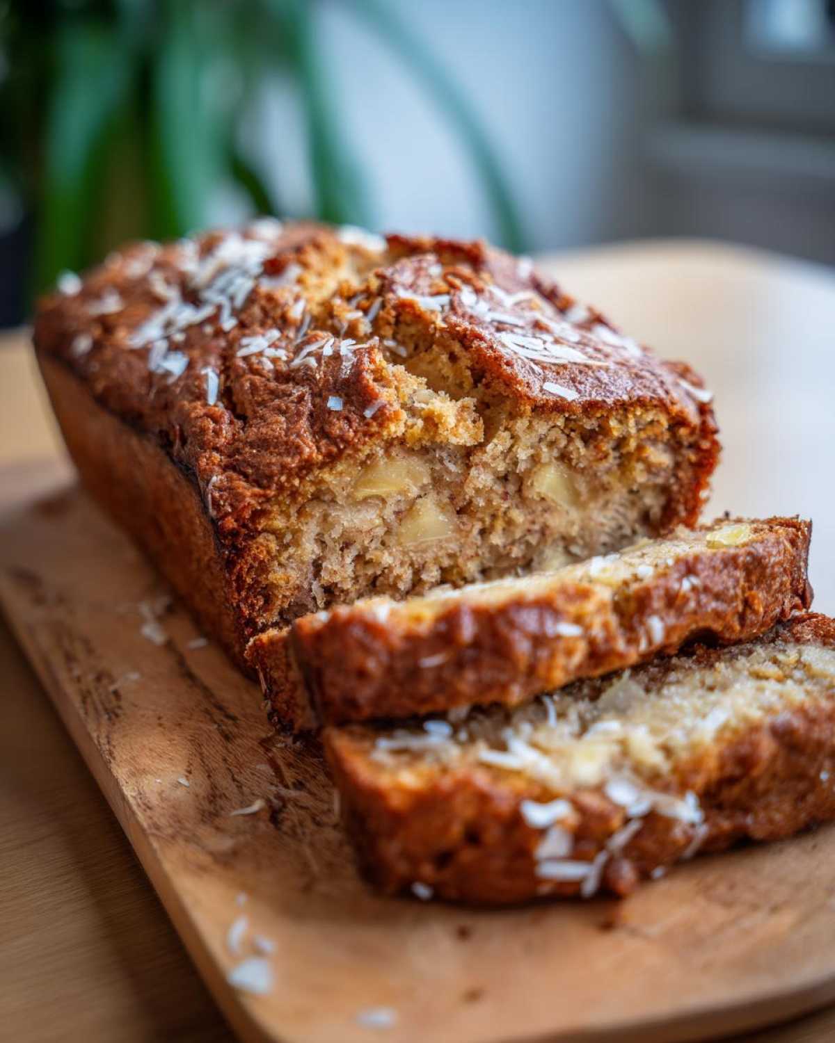 Close-up of a sliced Hawaiian banana bread loaf, topped with shredded coconut.