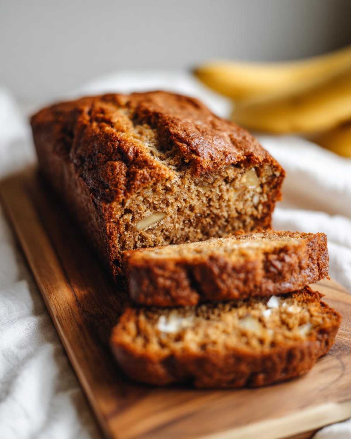 Close-up of a loaf of Hawaiian banana bread, sliced and buttered on a wooden board.