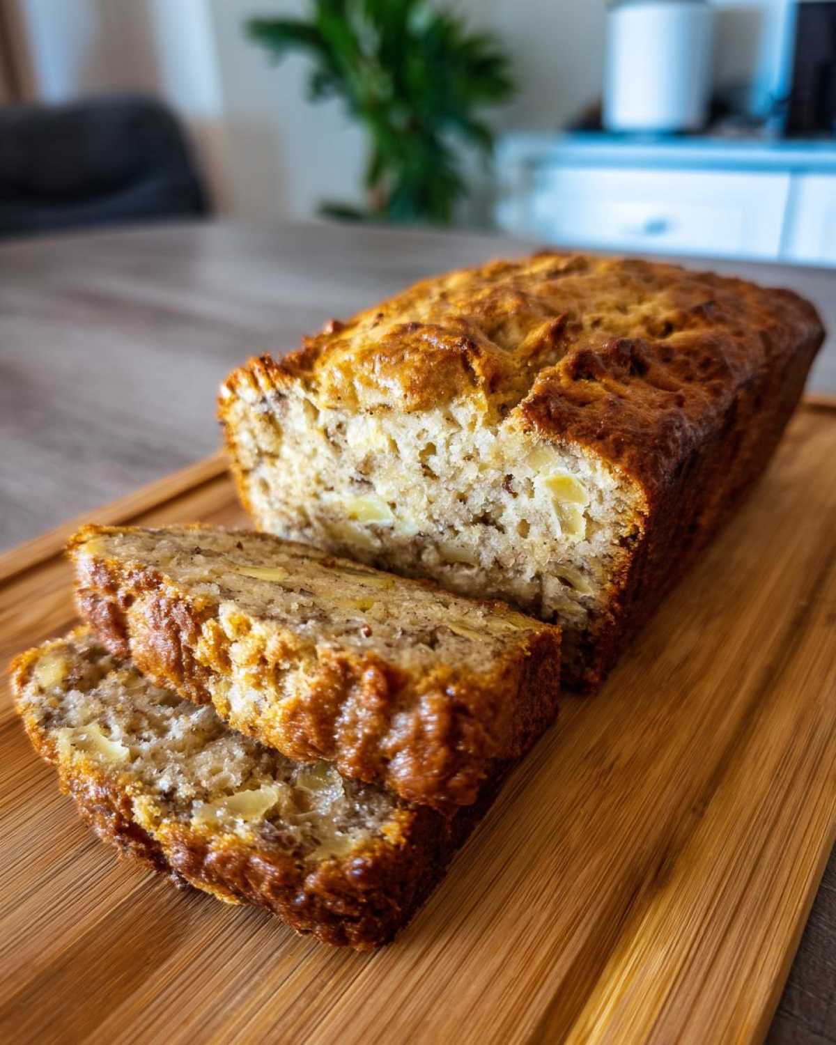 Close-up of two slices of moist Hawaiian banana bread stacked on a wooden cutting board.