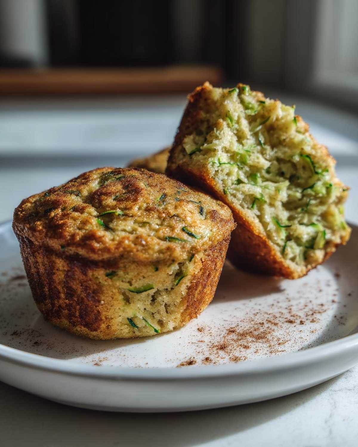 Close-up of two healthy zucchini muffins on a white plate, one muffin is broken in half revealing the grated zucchini texture.