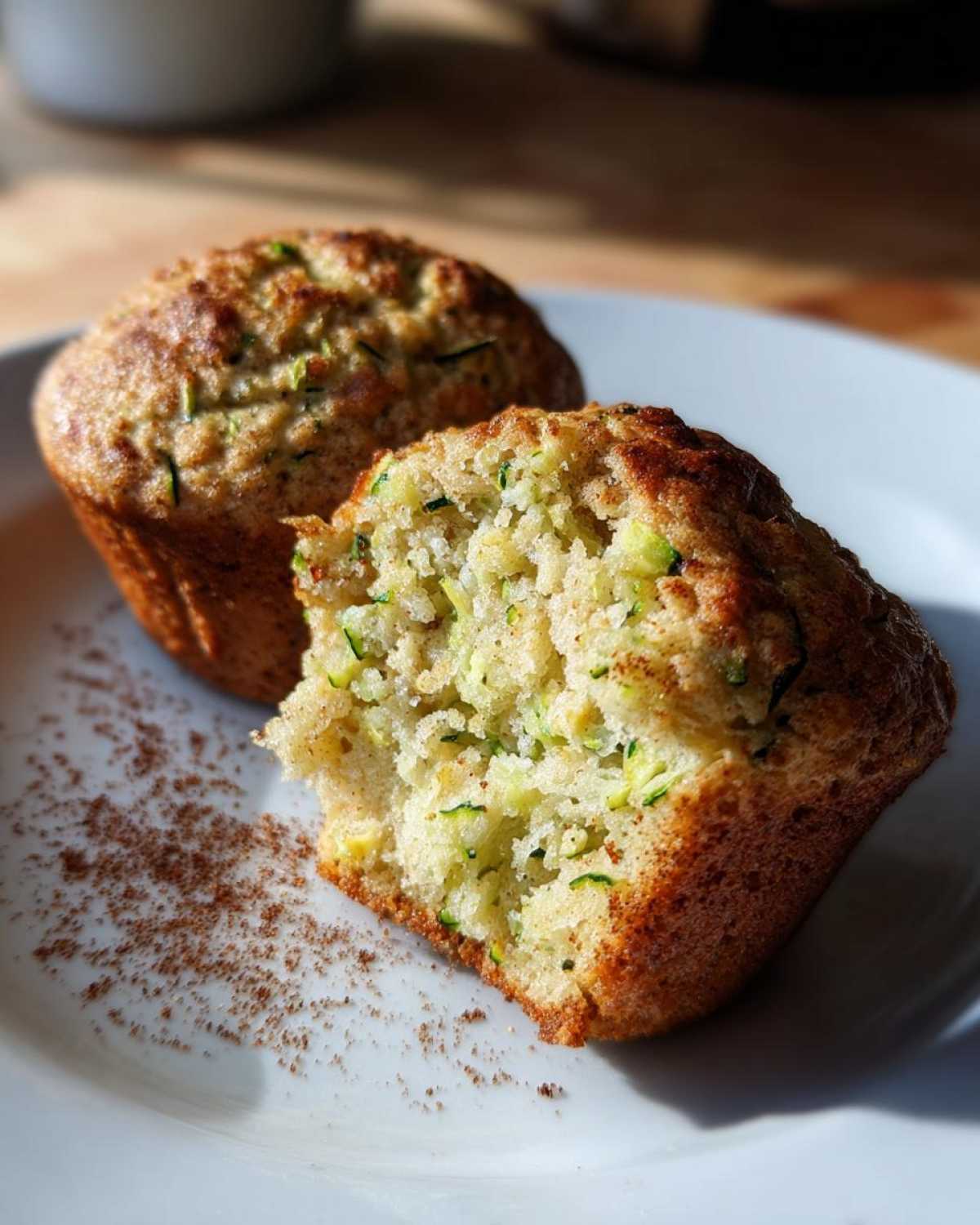 A close-up of two healthy zucchini muffins on a white plate, one is broken in half revealing the moist interior with visible zucchini shreds.