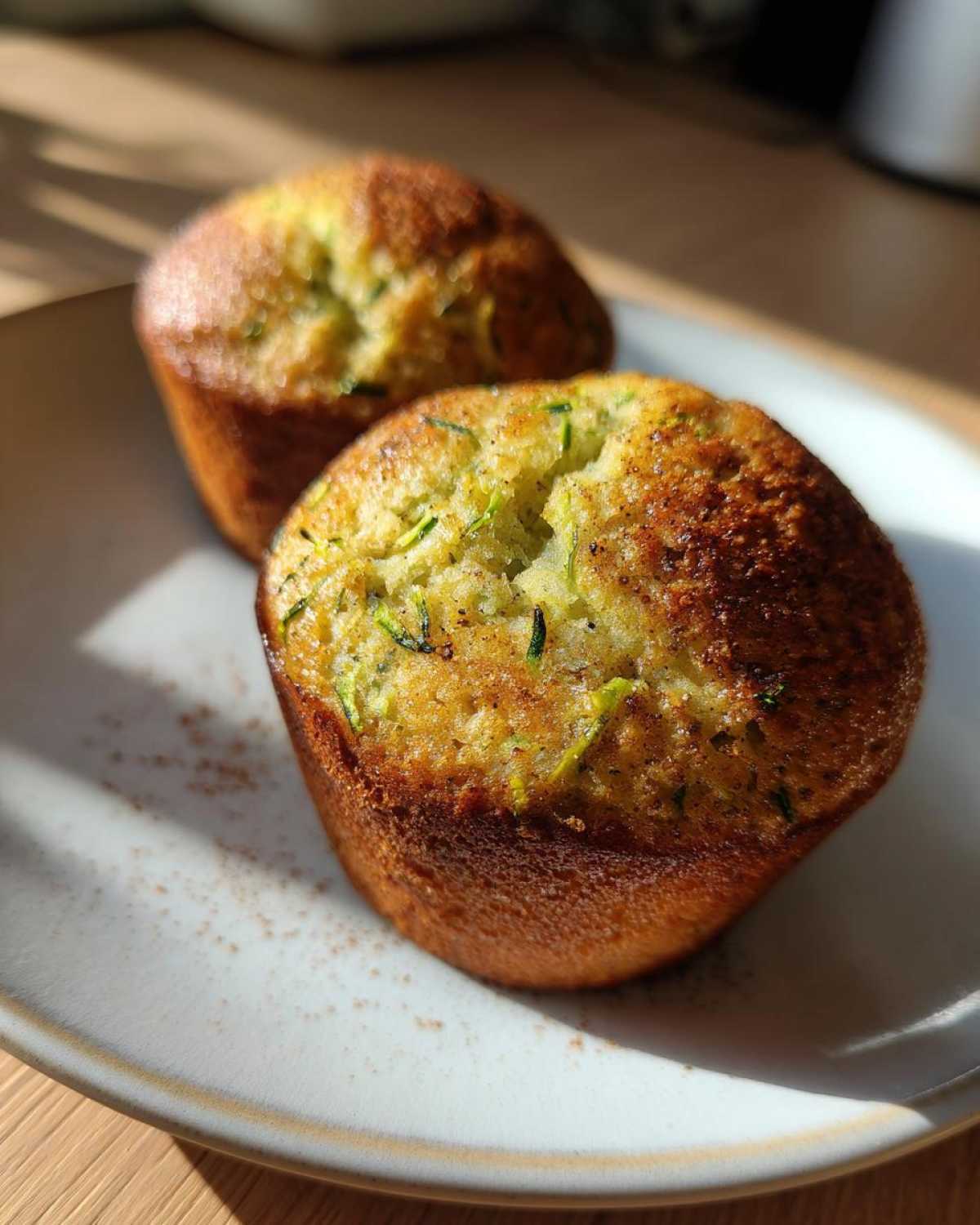 Two golden-brown healthy zucchini muffins with visible green zucchini shreds on a speckled plate.