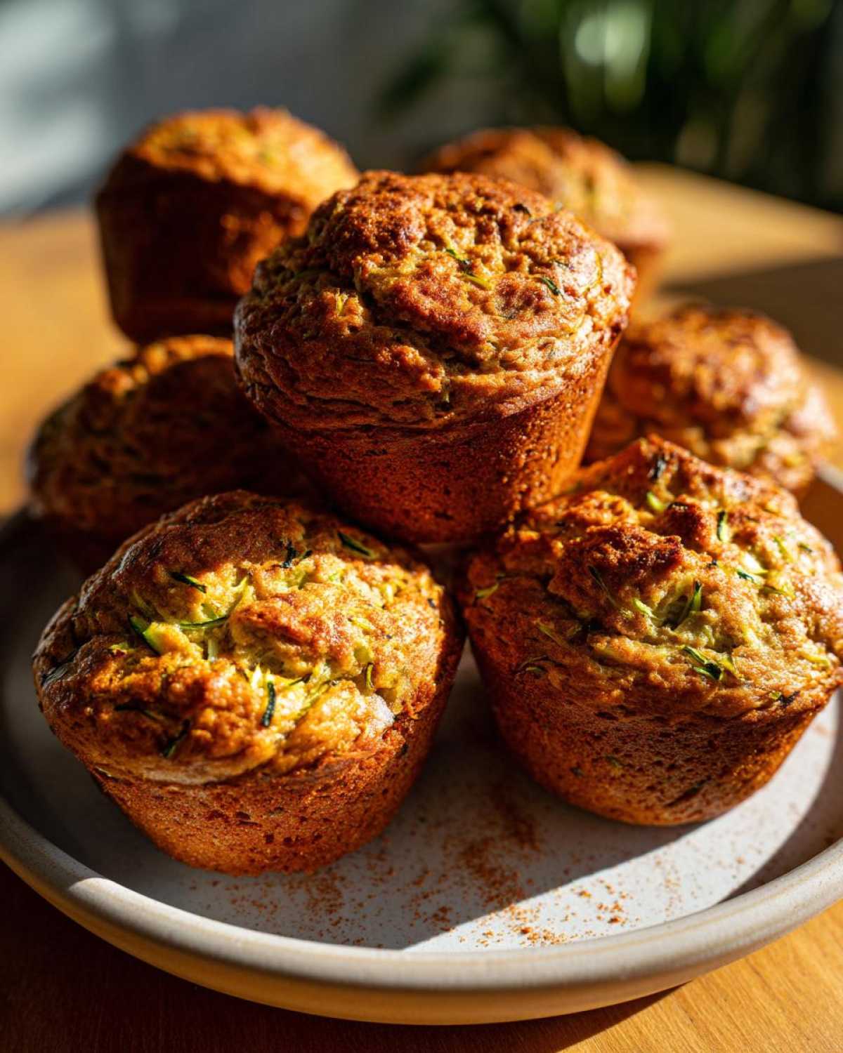 A close-up of a stack of golden-brown healthy zucchini muffins, with visible shredded zucchini.