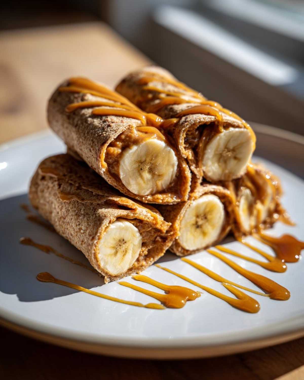 Close-up of high protein banana roll-ups filled with banana and peanut butter, drizzled with caramel.