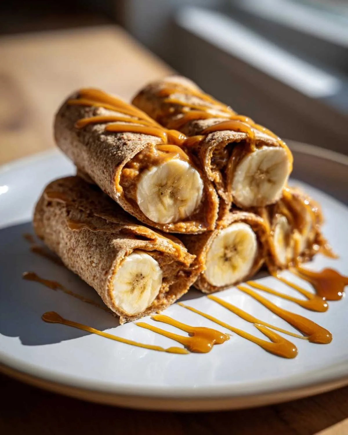 Close-up of high protein banana roll-ups filled with banana and peanut butter, drizzled with caramel.