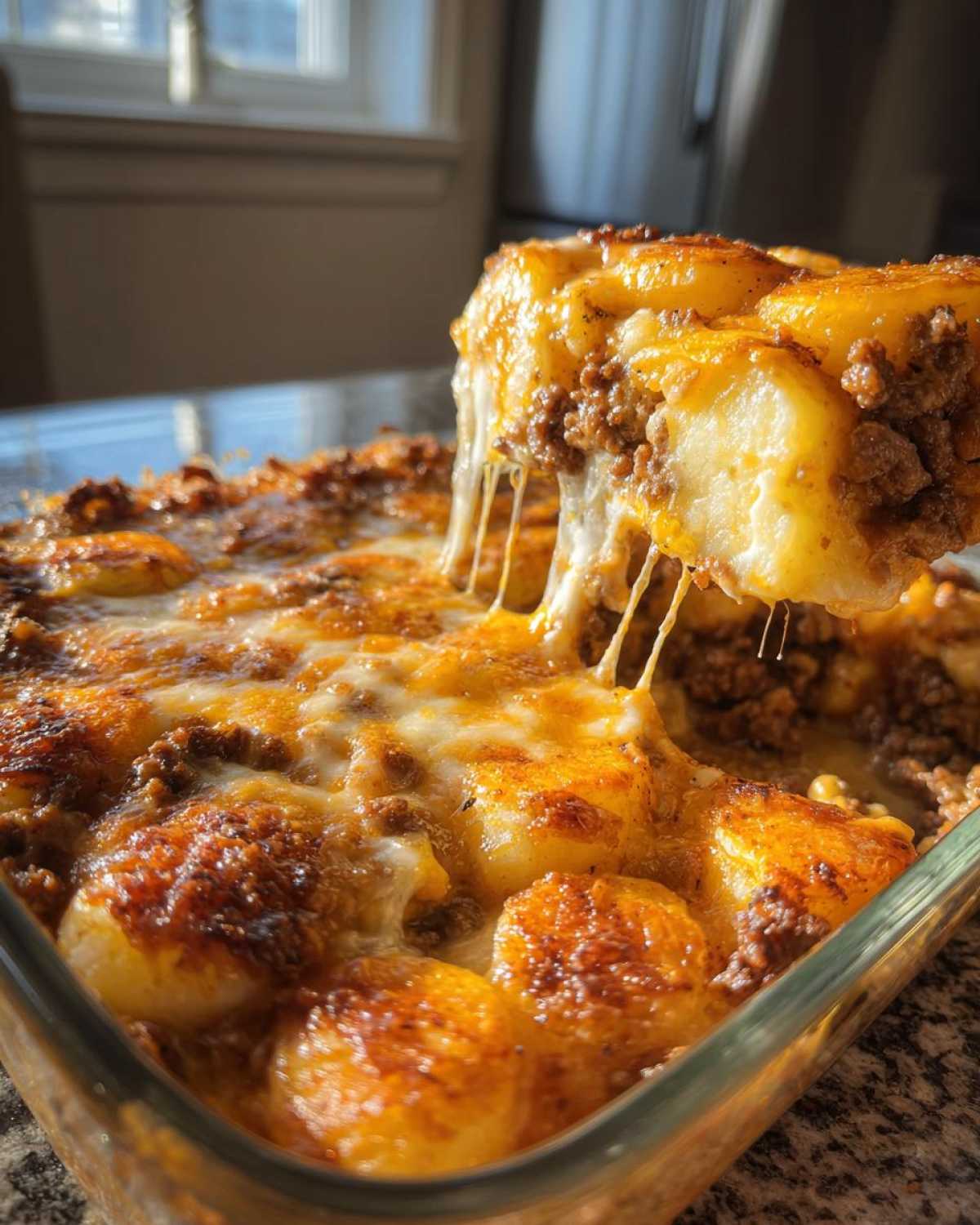 A close-up of a serving spoon lifting a cheesy slice of hobo casserole, revealing layers of ground beef and potatoes.