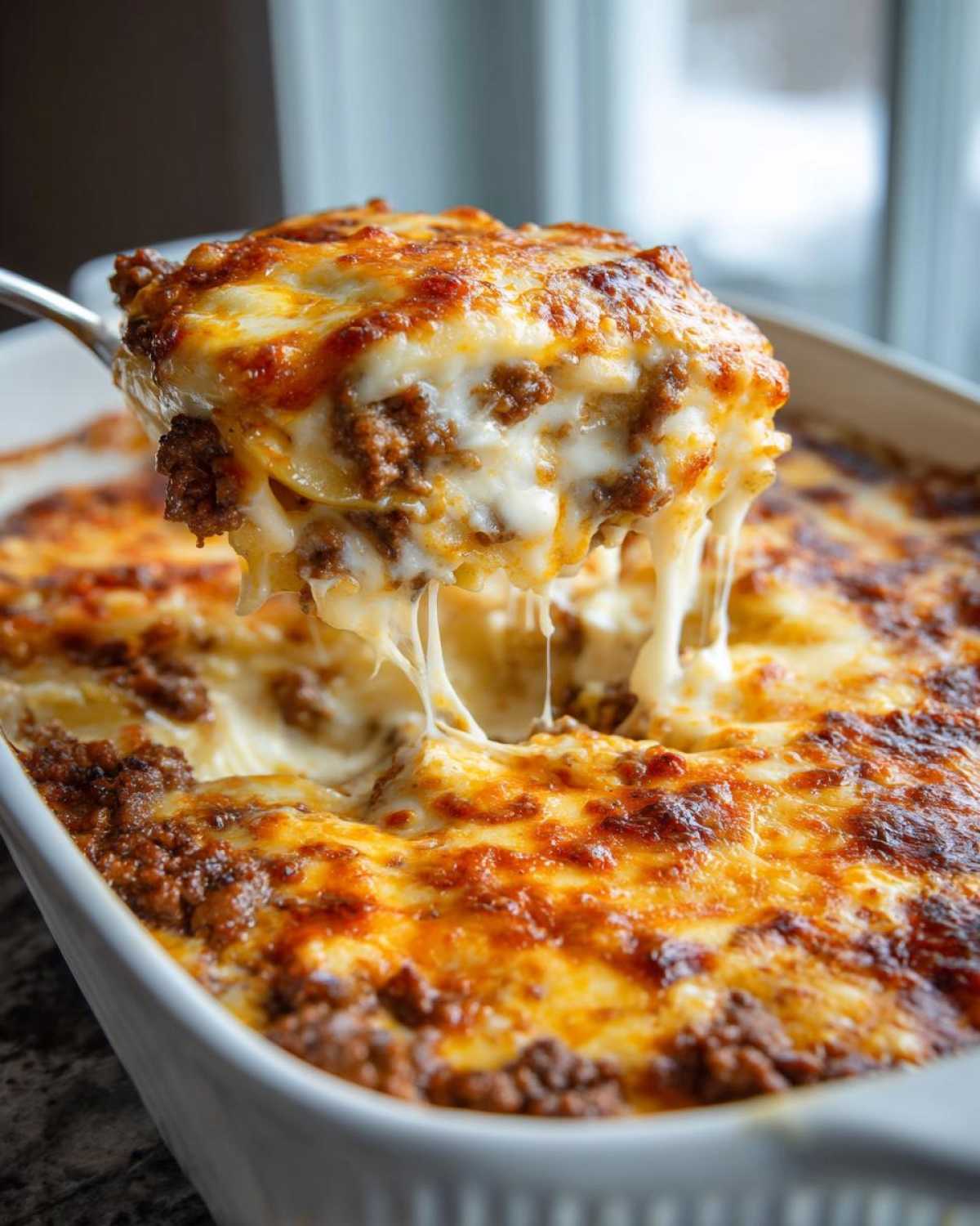 A serving spoon lifting a cheesy portion of hobo casserole, showing layers of ground beef and melted cheese.
