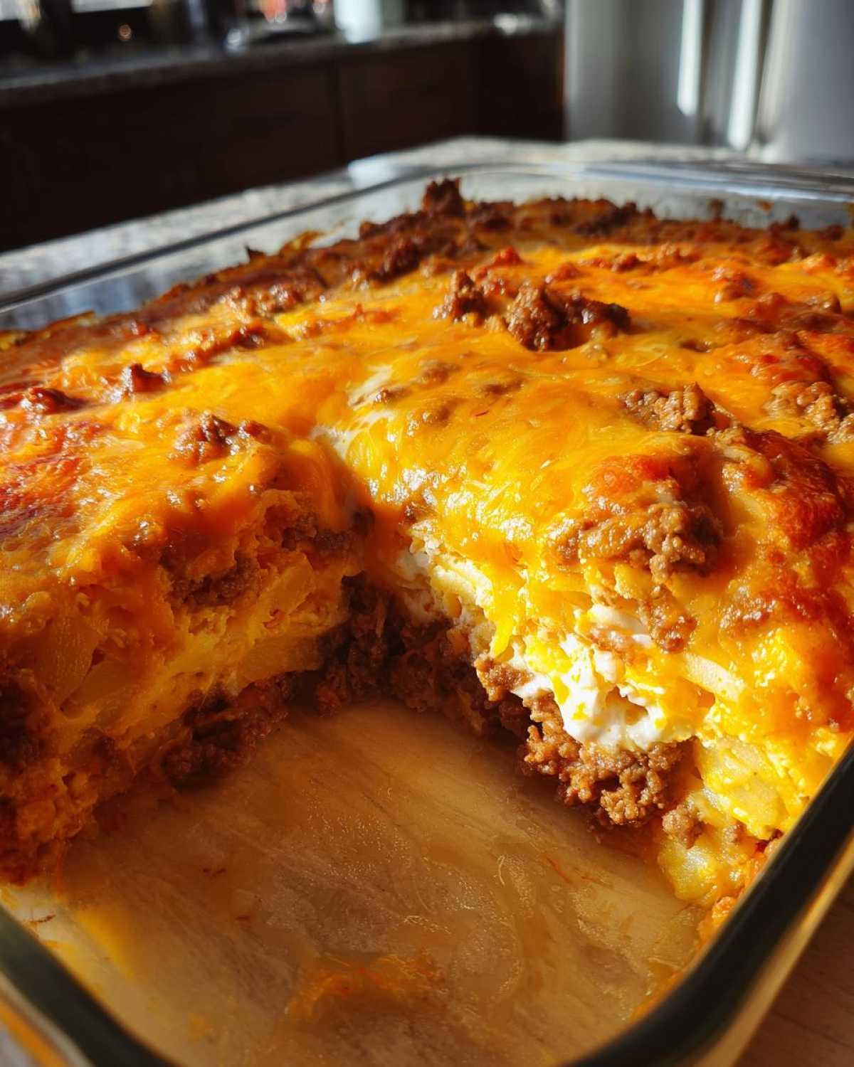 A close-up of a freshly baked hobo casserole in a glass dish, featuring layers of potatoes, ground beef, and melted cheddar cheese.