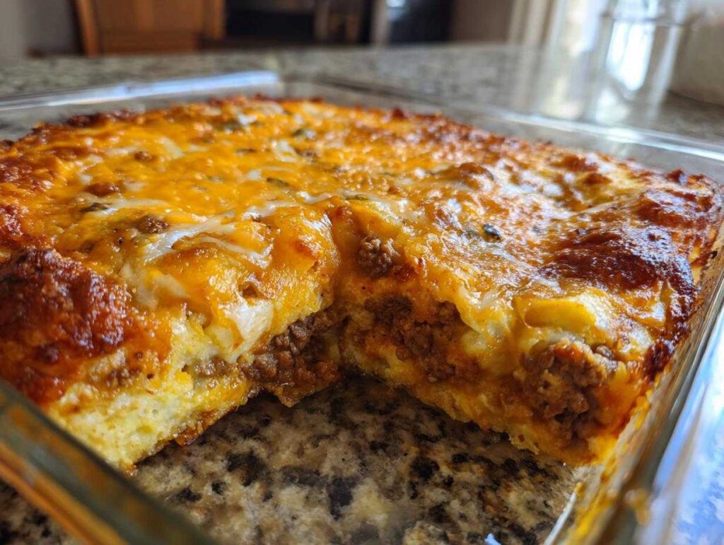 A close-up of a freshly baked hobo casserole in a glass dish, featuring layers of ground beef and melted cheese.
