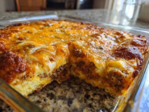 A close-up of a freshly baked hobo casserole in a glass dish, featuring layers of ground beef and melted cheese.