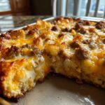 Close-up of a slice of warm hobo casserole with ground sausage and melted cheese.
