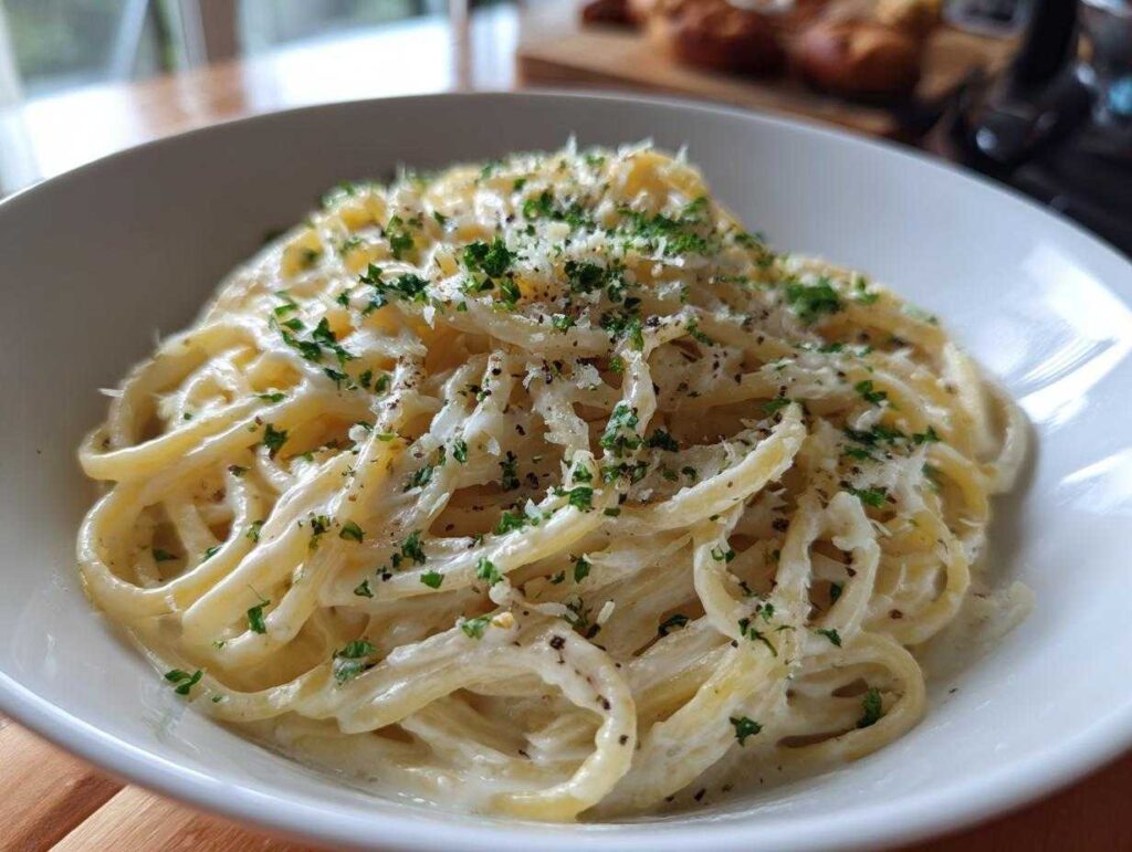 A close-up of spaghetti coated in creamy homemade alfredo sauce, topped with parsley and grated cheese.