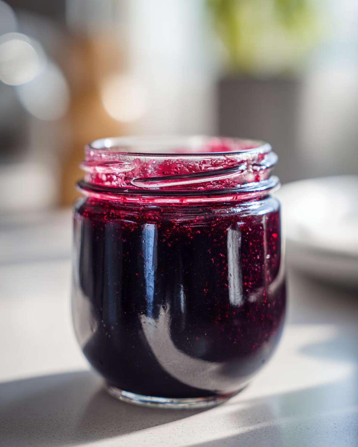 Close-up of a small glass jar filled with glistening homemade grape jelly.