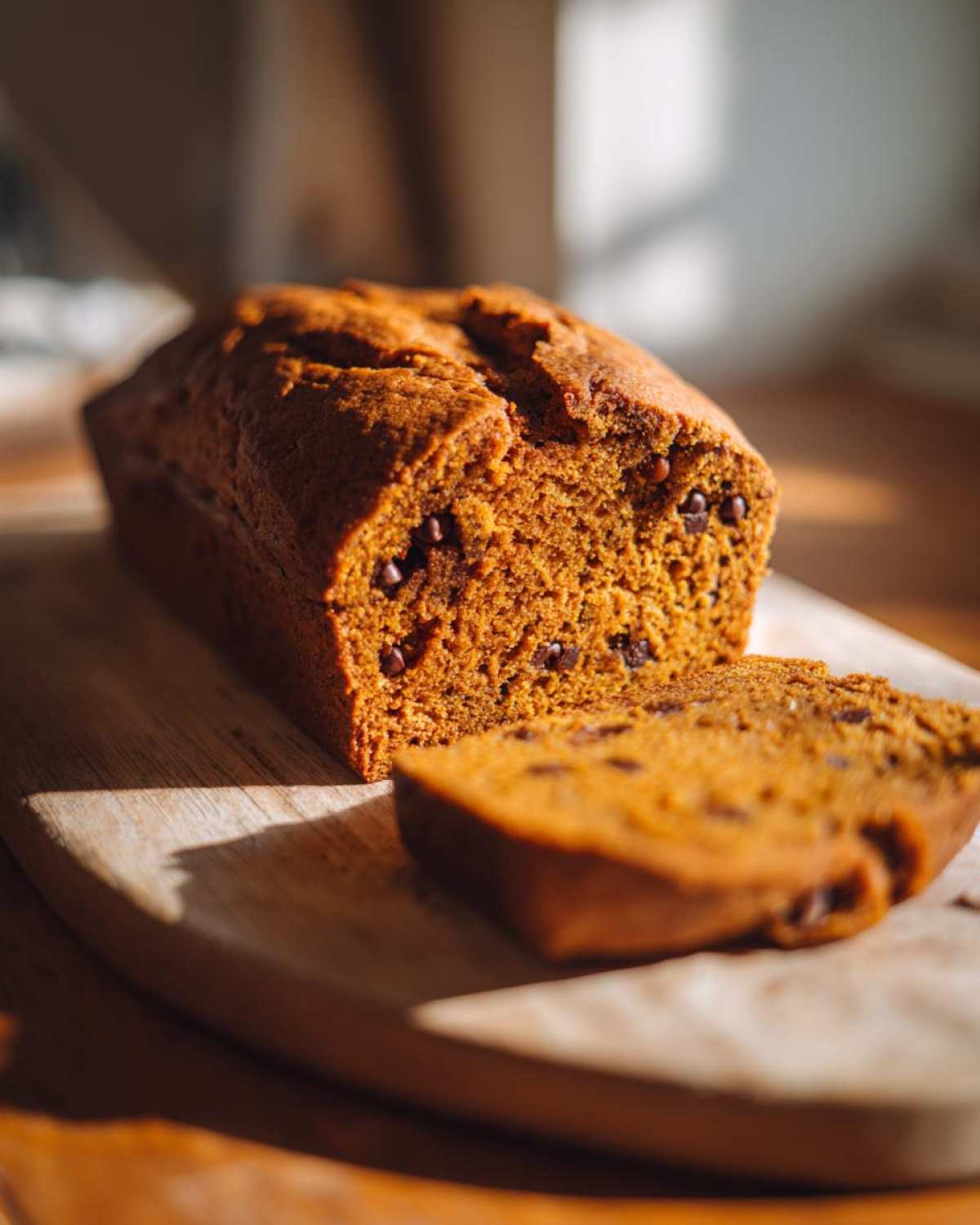 A slice of moist homemade pumpkin bread with chocolate chips on a wooden board.
