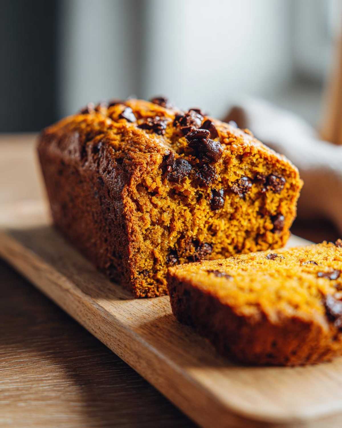 A slice of moist homemade pumpkin bread topped with chocolate chips on a wooden board.