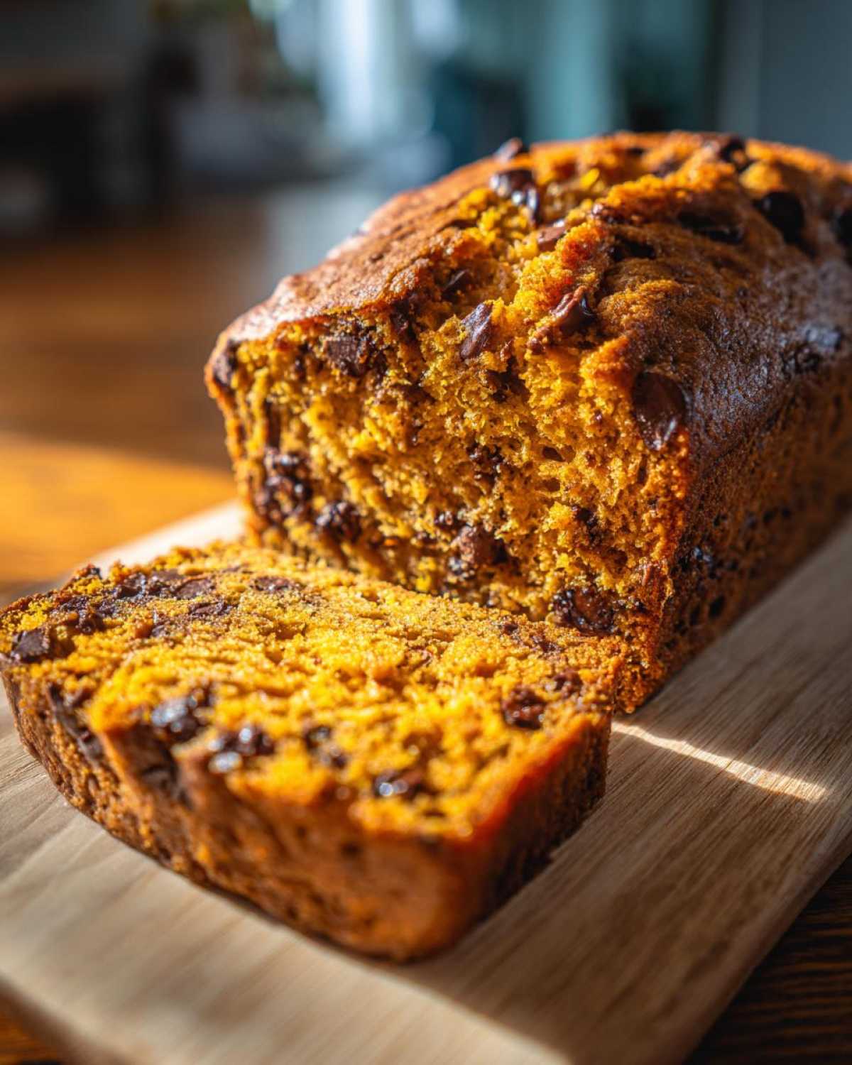 A close-up of moist homemade pumpkin bread studded with chocolate chips, sliced on a wooden board.