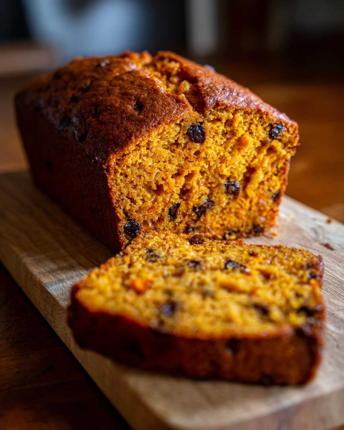 A close-up of moist homemade pumpkin bread with raisins, sliced on a wooden board.