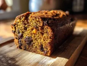 A close-up of a slice of moist homemade pumpkin bread with chocolate chips on a wooden cutting board.
